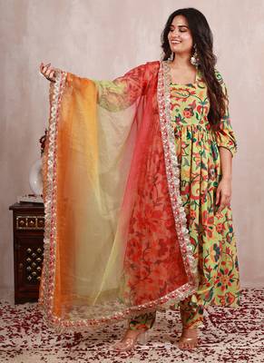 Pastel green kani work print a line suit set 3