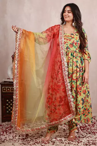 Pastel green kani work print a line suit set