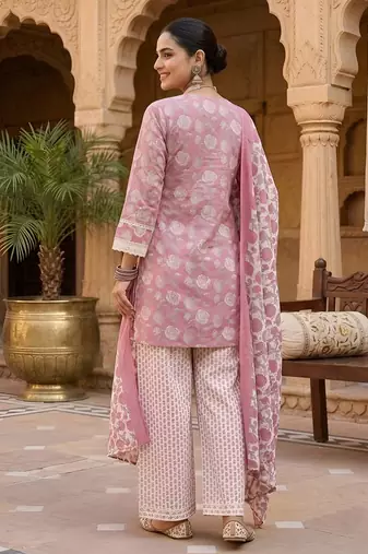Mauve floral printed cotton kurta set