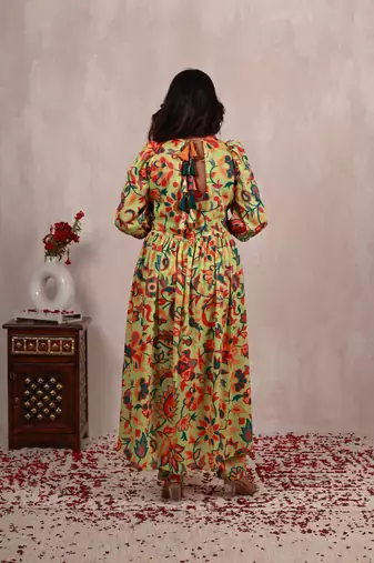 Pastel green kani work print a line suit set