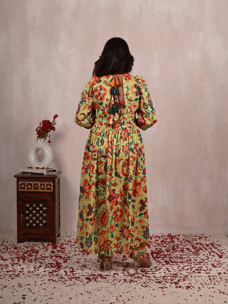 Pastel green kani work print a line suit set