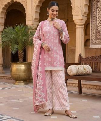 Mauve floral printed cotton kurta set 3