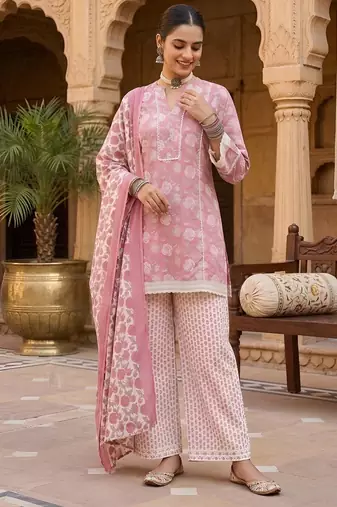 Mauve floral printed cotton kurta set