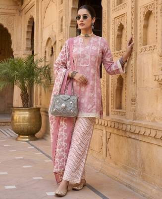 Mauve floral printed cotton kurta set 4