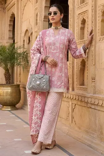 Mauve floral printed cotton kurta set