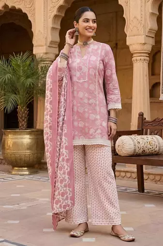 Mauve floral printed cotton kurta set