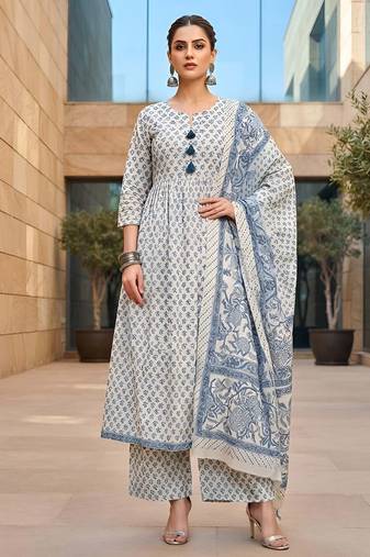 White floral printed cotton kurta set