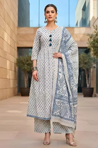 White floral printed cotton kurta set