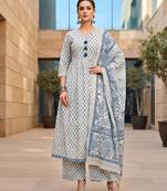 White floral printed cotton kurta set