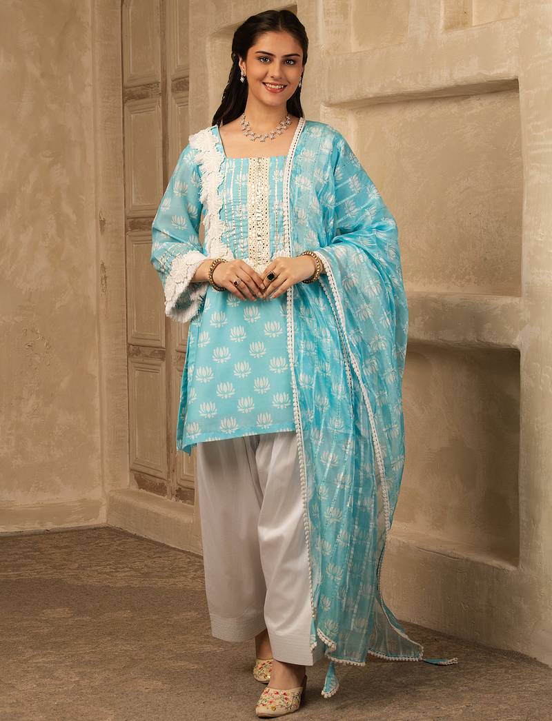 Sky blue cotton farshi salwar suit set