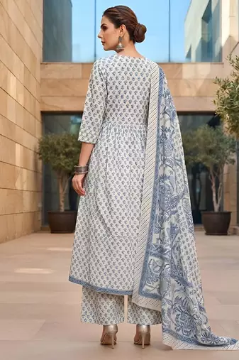 White floral printed cotton kurta set