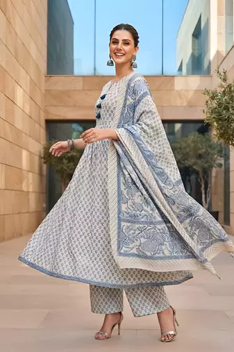 White floral printed cotton kurta set