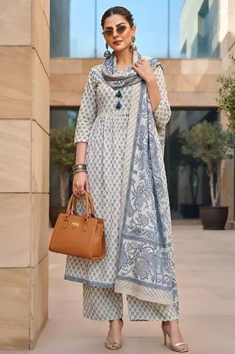 White floral printed cotton kurta set
