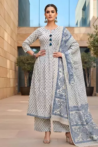 White floral printed cotton kurta set