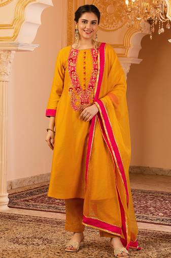 Bright mustard hand embroidered a-shape mul chanderi silk 3 piece suit set
