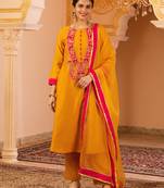 Bright mustard hand embroidered a-shape mul chanderi silk 3 piece suit set