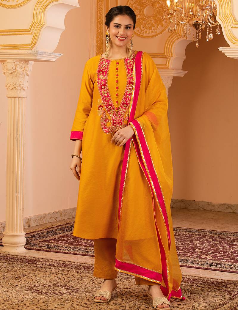 Bright mustard hand embroidered a-shape mul chanderi silk 3 piece suit set