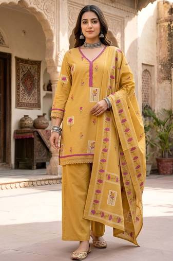 Mustard floral printed cotton kurta set