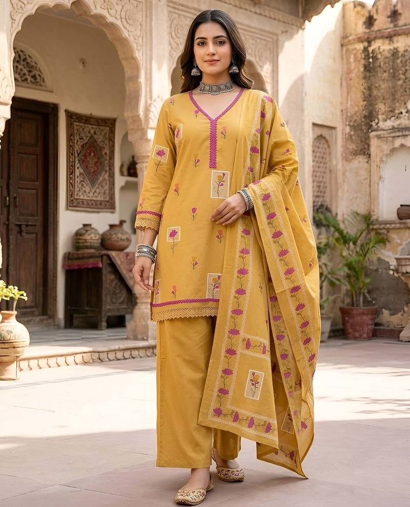 Mustard floral printed cotton kurta set