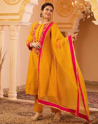 Bright mustard hand embroidered a-shape mul chanderi silk 3 piece suit set 2