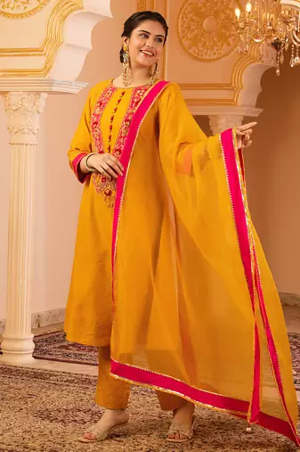 Bright mustard hand embroidered a-shape mul chanderi silk 3 piece suit set