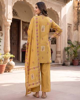 Mustard floral printed cotton kurta set 2