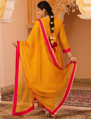 Bright mustard hand embroidered a-shape mul chanderi silk 3 piece suit set 3