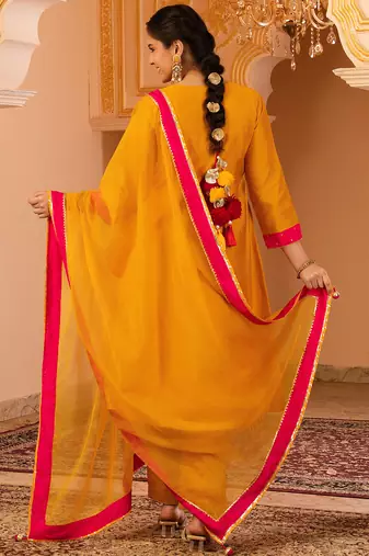 Bright mustard hand embroidered a-shape mul chanderi silk 3 piece suit set