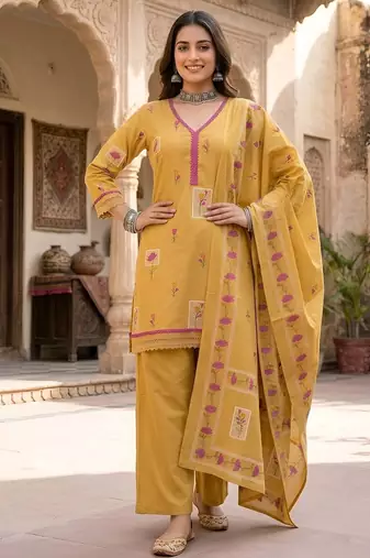 Mustard floral printed cotton kurta set