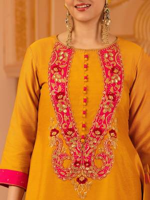 Bright mustard hand embroidered a-shape mul chanderi silk 3 piece suit set 4