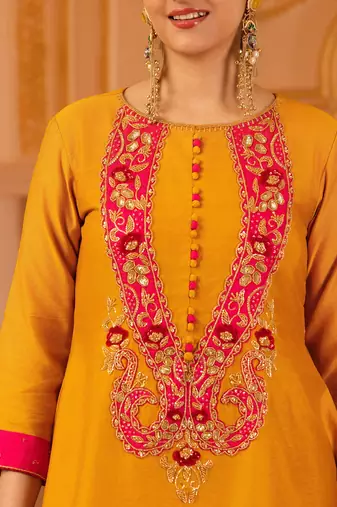 Bright mustard hand embroidered a-shape mul chanderi silk 3 piece suit set