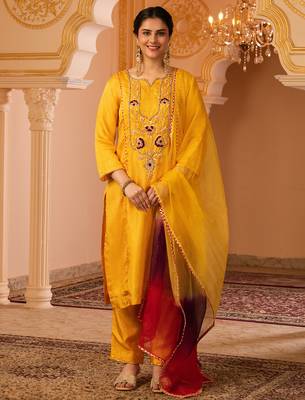 Sunblessed bright yellow hand embroidered silk suit set 1