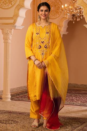 Sunblessed bright yellow hand embroidered silk suit set