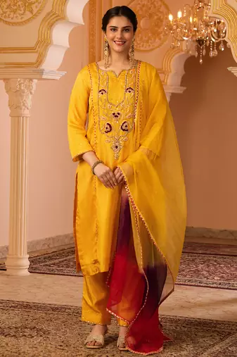 Sunblessed bright yellow hand embroidered silk suit set