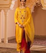 Sunblessed bright yellow hand embroidered silk suit set