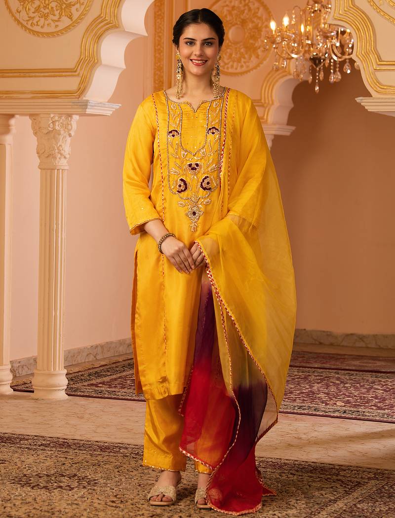 Sunblessed bright yellow hand embroidered silk suit set