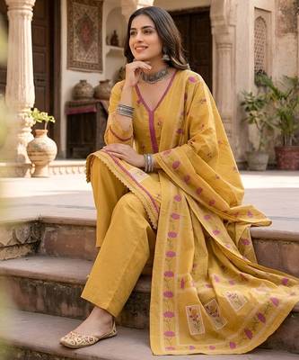 Mustard floral printed cotton kurta set 4