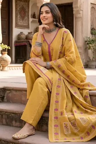 Mustard floral printed cotton kurta set