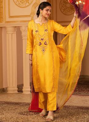 Sunblessed bright yellow hand embroidered silk suit set 2