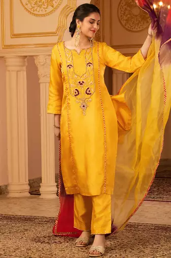 Sunblessed bright yellow hand embroidered silk suit set