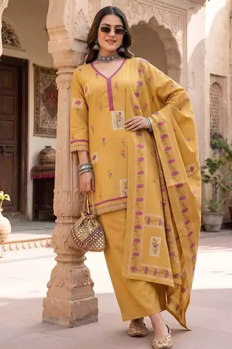Mustard floral printed cotton kurta set