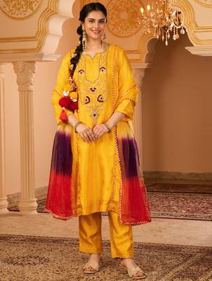 Sunblessed bright yellow hand embroidered silk suit set 3