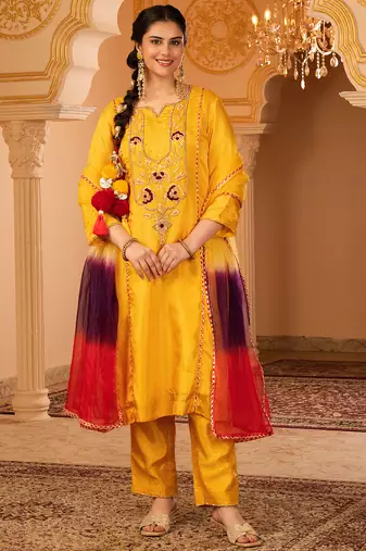 Sunblessed bright yellow hand embroidered silk suit set
