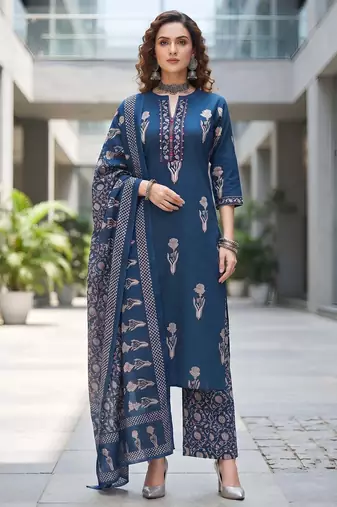 Navy blue floral printed cotton kurta set