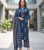 Navy blue floral printed cotton kurta set
