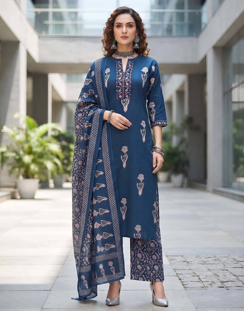 Navy blue floral printed cotton kurta set
