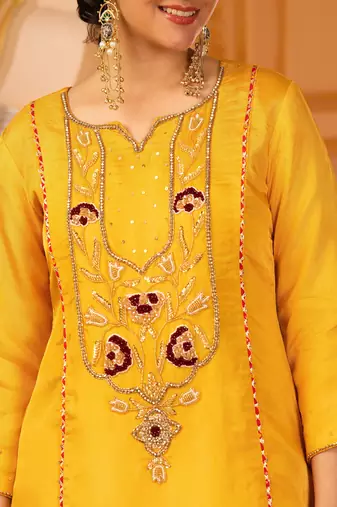 Sunblessed bright yellow hand embroidered silk suit set