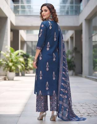 Navy blue floral printed cotton kurta set 2
