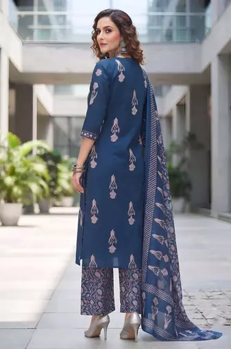 Navy blue floral printed cotton kurta set