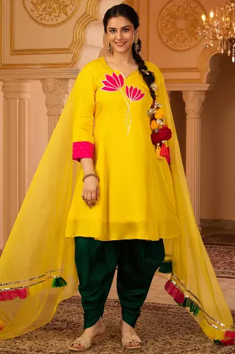 Lotus bright yellow a-shape silk 3 piece suit set